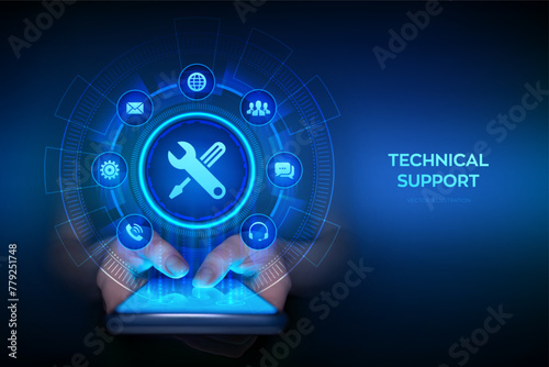 Technical support. Customer help. Tech support application interface on virtual screen. Customer service, Business and technology concept. Smartphone in hands. Using smartphone. Vector illustration.