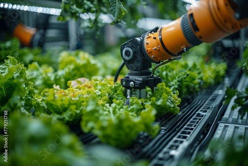 A precise robotic arm is depicted among vibrant lettuce in an indoor vertical farm, illustrating cutting-edge hydroponic farming