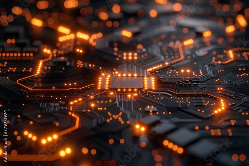 A detailed close-up shot portraying the illuminated pathways of an electronic circuit board