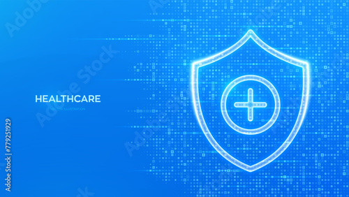 Protection shield with medical cross sign. Healthcare, Medical services. Life insurance symbol. Virus protection. Blue medical background made with cross shape symbol. Vector illustration.