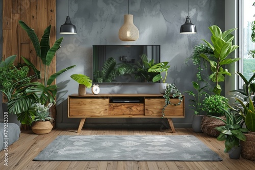 This cozy lounging area features a sleek TV set against a textured gray wall surrounded by thriving green plants photo