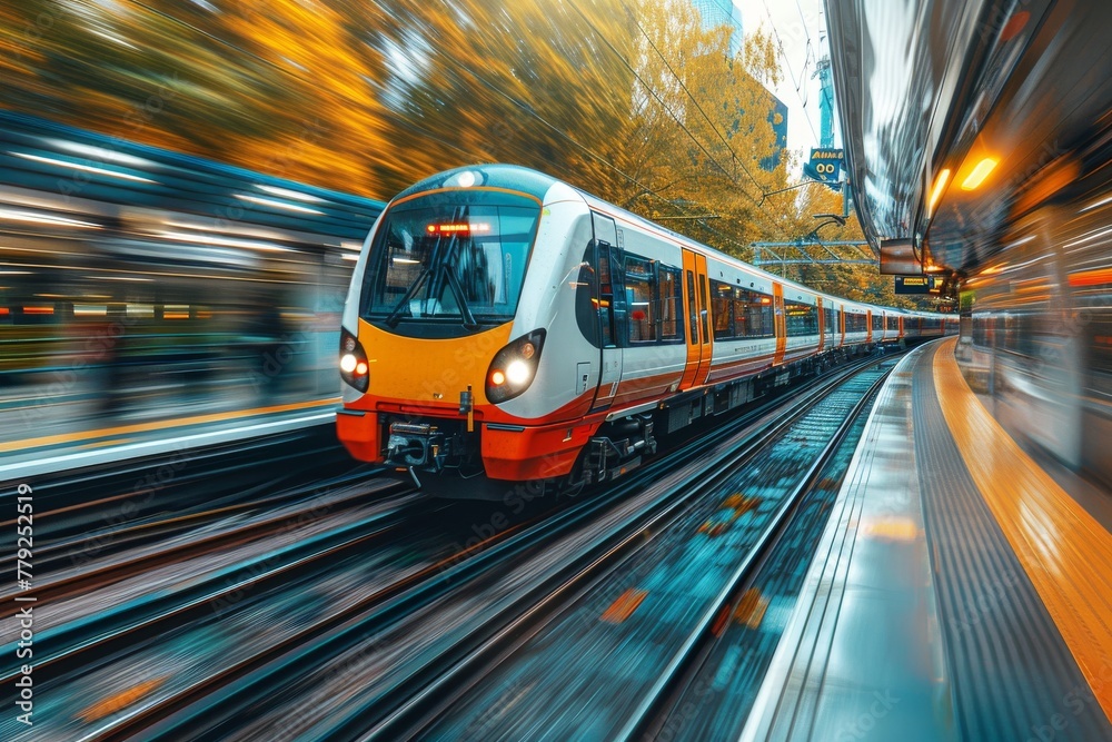 A fast-moving train is captured at a station with motion blur effect, giving a sense of speed and urgency
