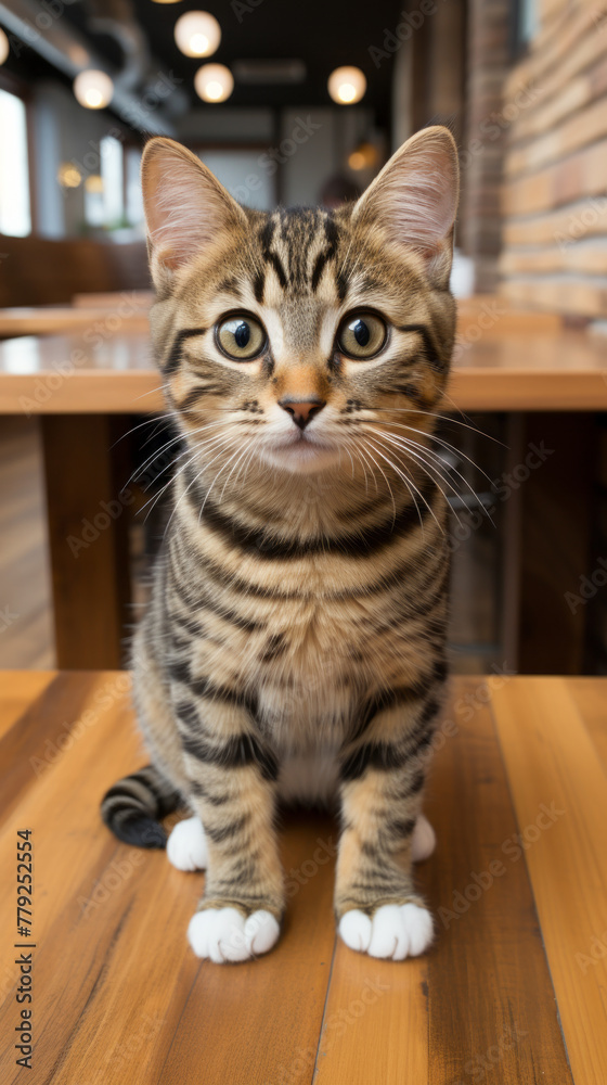 Alert Tabby Kitten on Wooden Table

