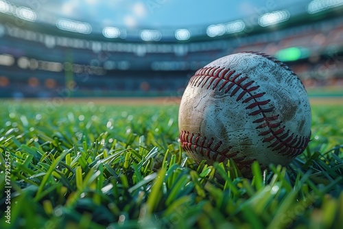 A used baseball rests on the grass in an empty stadium, evoking nostalgia and the spirit of the game