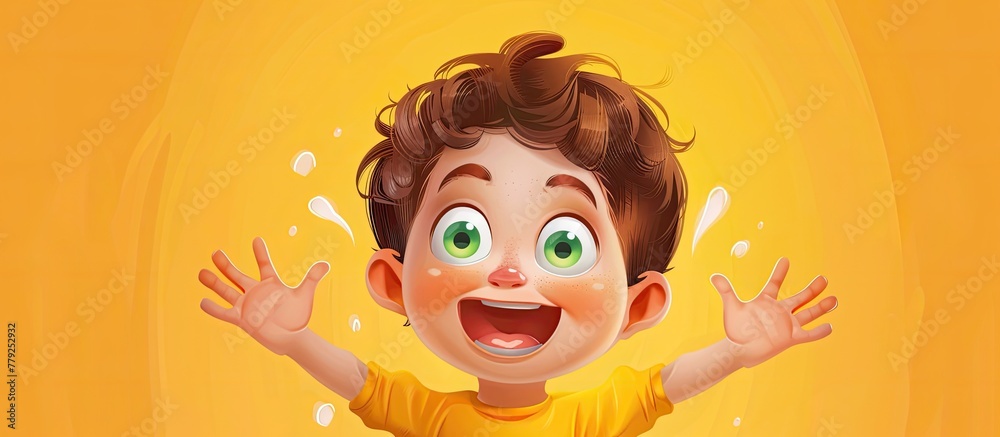 A cartoon boy in a yellow shirt is joyfully raising his hands in the ...