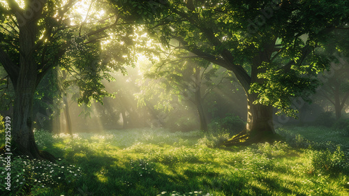 A peaceful forest clearing with sunlight filtering through trees.