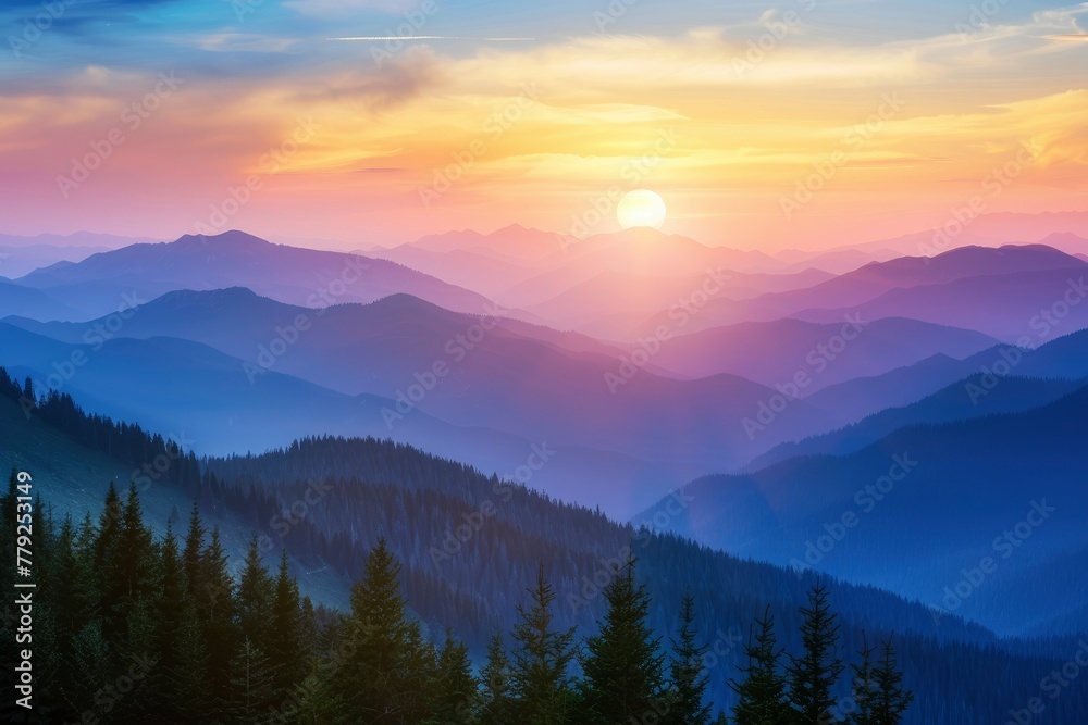 Mountains during sunset. Beautiful natural landscape in the summer time - generative ai Mountains during sunset. Beautiful natural landscape in the summer time - generative ai
