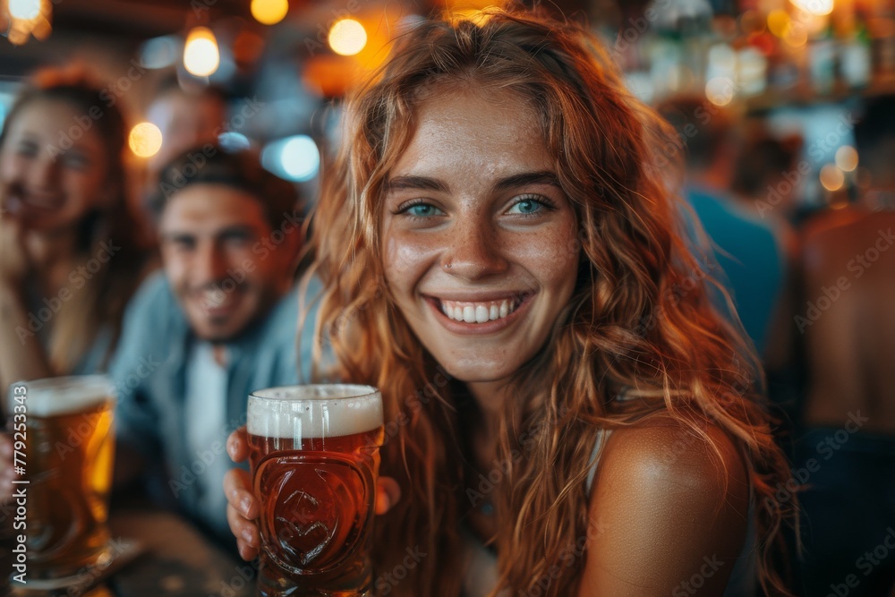 Radiant young woman with red hair, laughing and holding a pint of beer among friends Radiant young woman with red hair, laughing and holding a pint of beer among friends