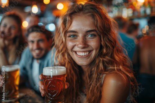 Radiant young woman with red hair, laughing and holding a pint of beer among friends