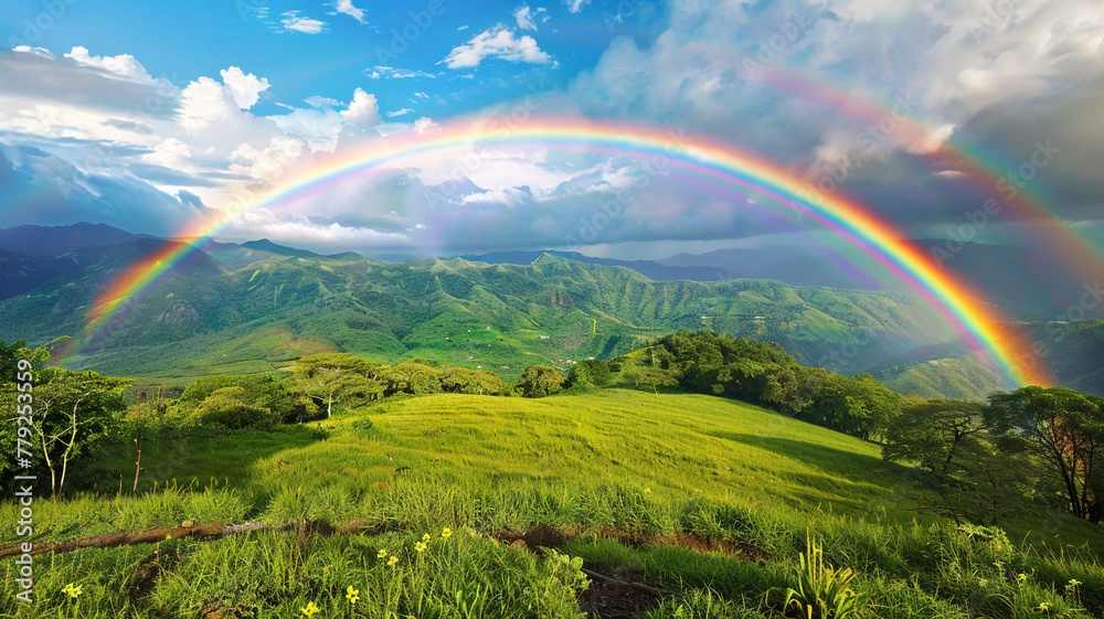 A vibrant rainbow arching over a lush green meadow after a summer rain.
