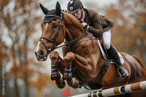A skilled equestrian and their horse mid-jump over a hurdle, capturing the moment of intense concentration and teamwork © Larisa AI