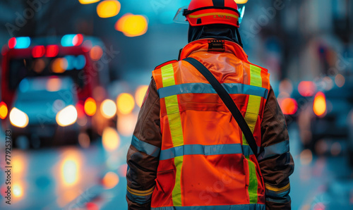 A road worker dressed in high visibility gear stands alert on a busy city street at night.