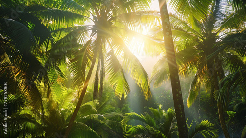 Sunlight filtering through the branches of a towering palm tree on a tropical island.