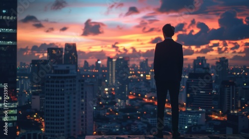 Confident businessman standing on the building rooftop while looking at the silhouette