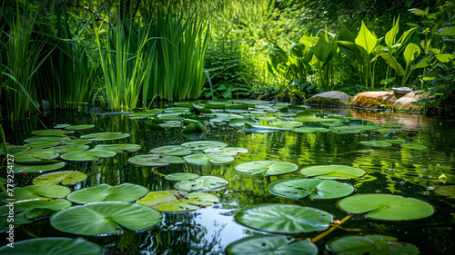 A tranquil pond surrounded by lush green foliage, with lily pads floating on the surface. © CREATER CENTER