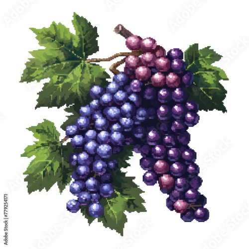 A detailed pixel art depiction of a lush cluster of purple grapes hanging from a vine with vibrant green leaves surrounding them, presenting a digital take on a classical still life subject