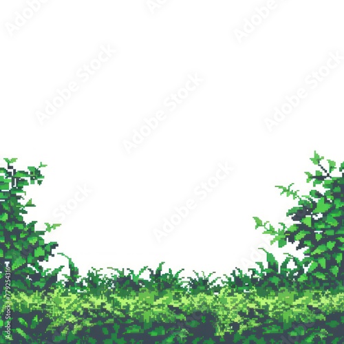 A digital forest landscape showcasing pixel art style with greenery and a blank sky, ideal for gaming or creative backgrounds