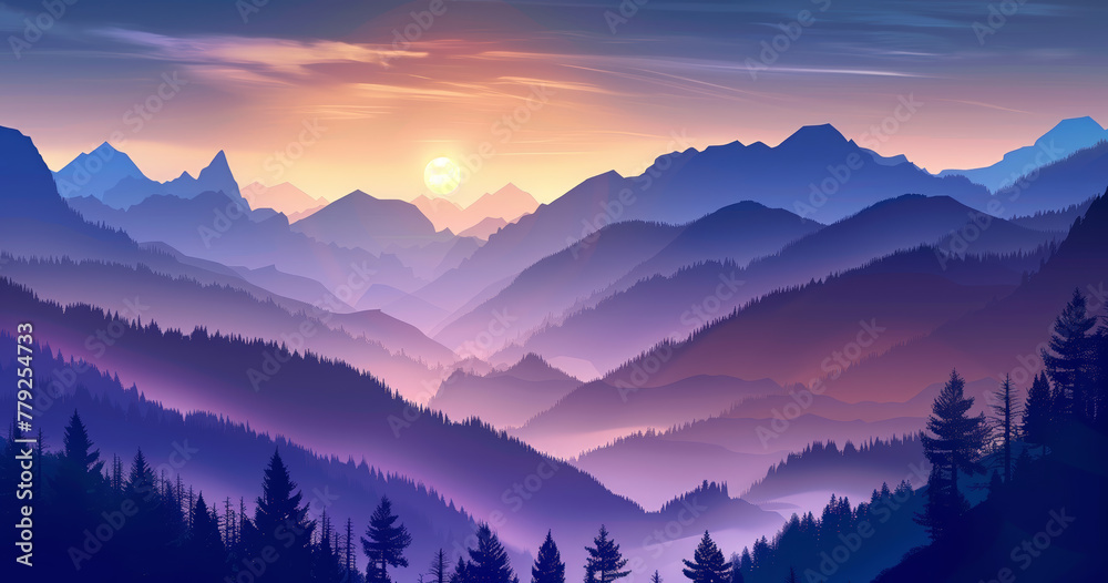 A beautiful mountain range with a purple sky and a sun in the background. The mountains are covered in trees and the sky is a mix of blue and purple. The scene is peaceful and serene A beautiful mountain range with a purple sky and a sun in the background. The mountains are covered in trees and the sky is a mix of blue and purple. The scene is peaceful and serene