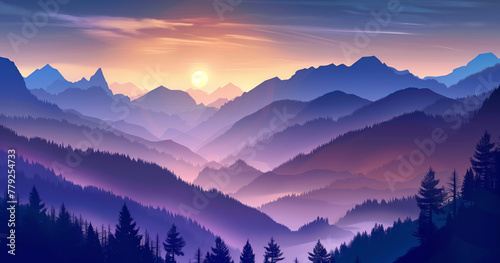 A beautiful mountain range with a purple sky and a sun in the background. The mountains are covered in trees and the sky is a mix of blue and purple. The scene is peaceful and serene © Aleksandr Matveev