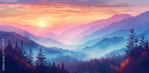 A beautiful mountain range with a purple sky and a sun in the background. The mountains are covered in trees and the sky is a mix of blue and purple. The scene is peaceful and serene