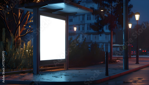 white advertising billboard on a city street at night