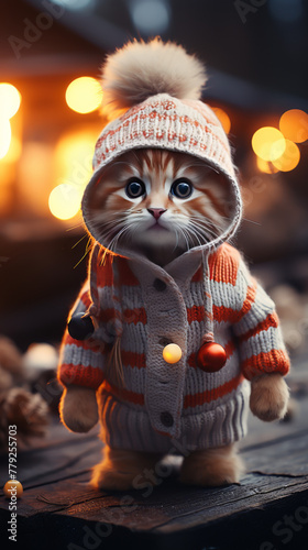 Kitten in Winter Attire with Festive Lights