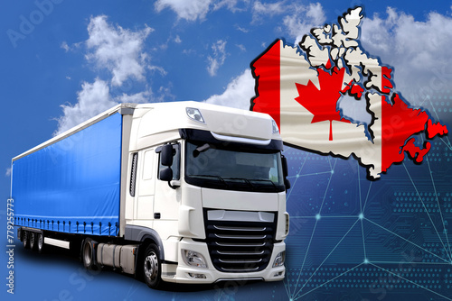 national flag of Canada, cargo van, blue sky with clouds, international trucking, cargo transportation concept, combined transport around world, logistics services for business, fast delivery of goods