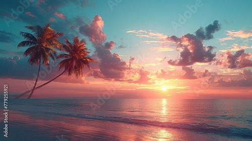 Palm Trees Silhouettes On Tropical Beach At Sunset - Modern Vintage Colors