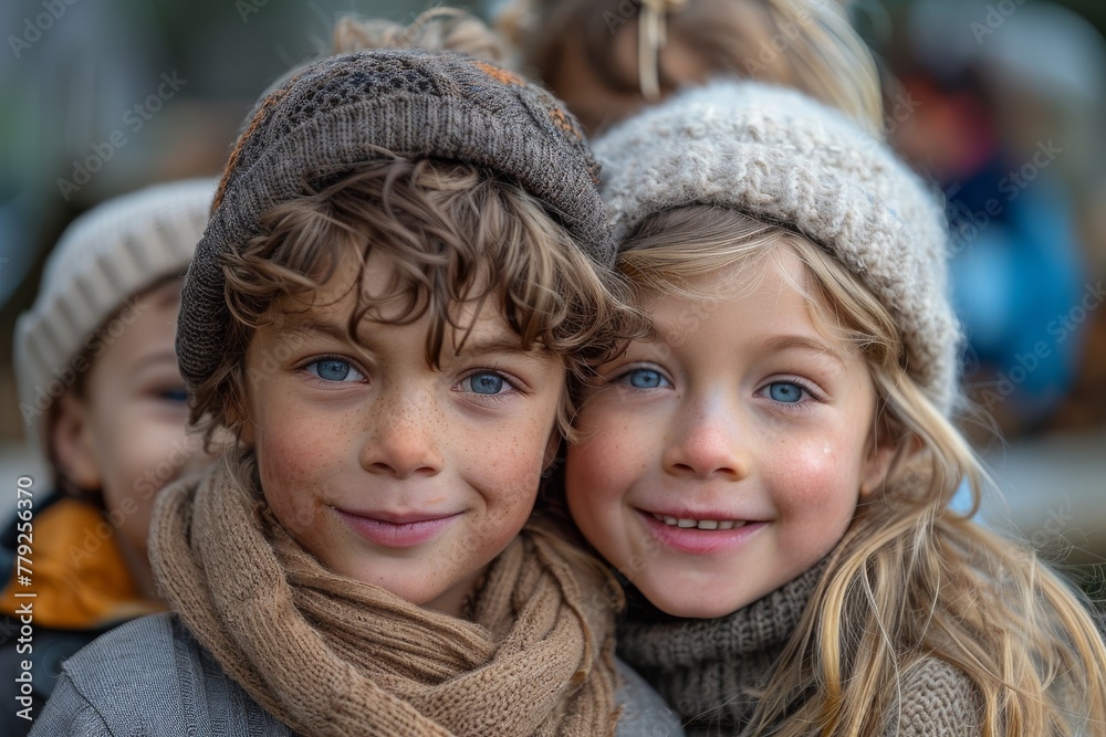 A boy and girl, probably siblings, are smiling, with eyes shining with joy A boy and girl, probably siblings, are smiling, with eyes shining with joy