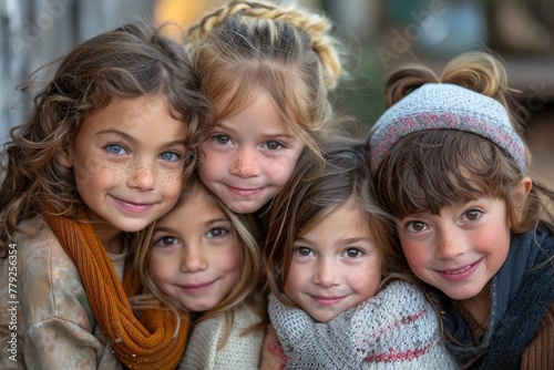 Five happy young girls smiling together in a close group, exuding friendship and joy