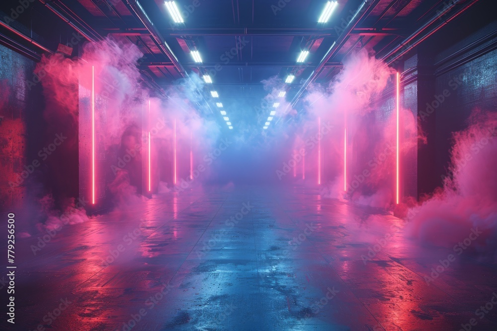 A cold, industrial interior is transformed with vibrant neon lights and swirling smoke, indicative of a futuristic cyberpunk setting