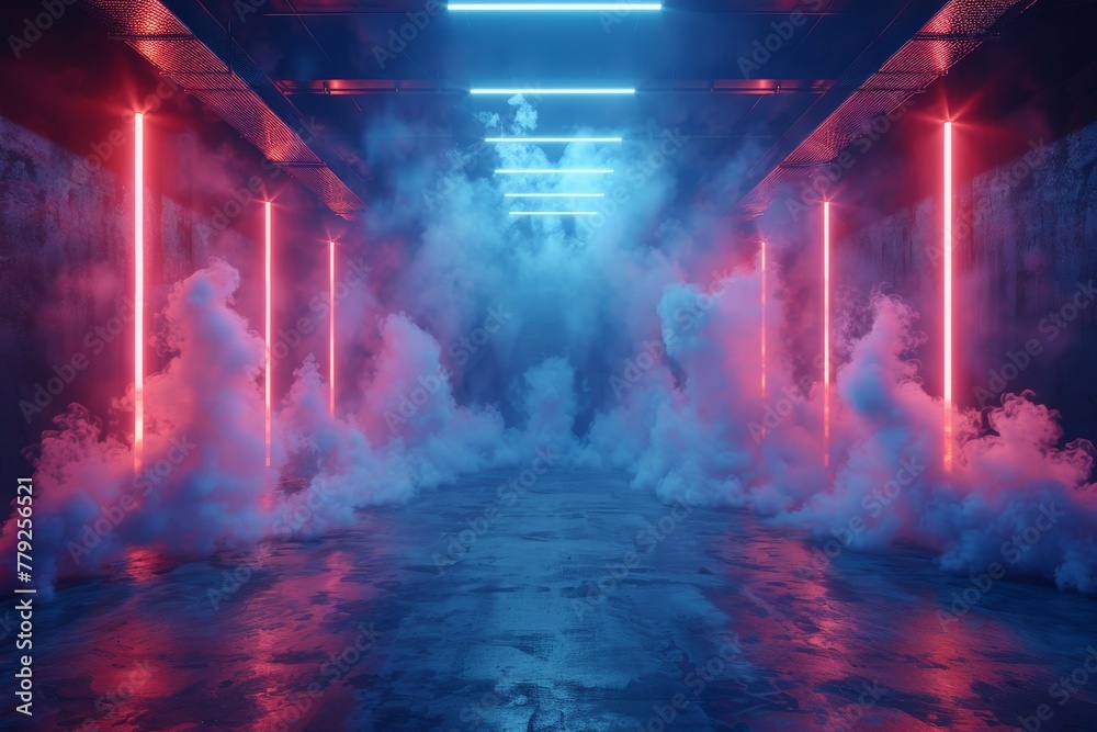 This image showcases a vibrant corridor filled with neon lights and billowing smoke, creating a futuristic atmosphere