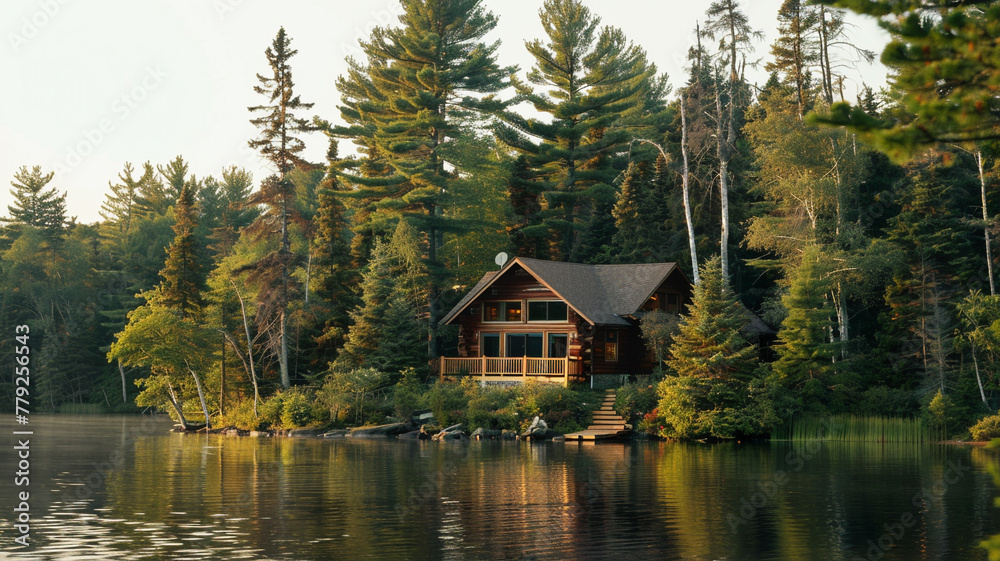 A serene lakeside cabin enveloped by towering pine trees and calm waters.