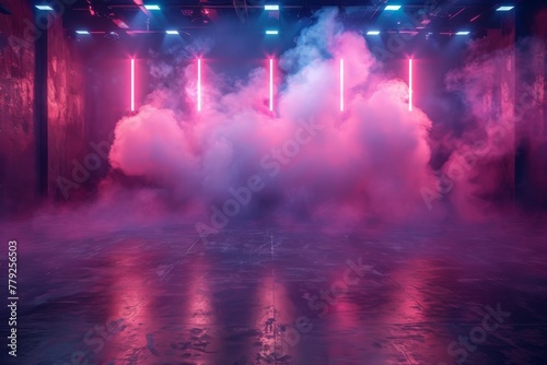 An enveloping cloud of smoke dominates the foreground of this cyberpunk-inspired industrial atmosphere with vertical neon lights © Larisa AI