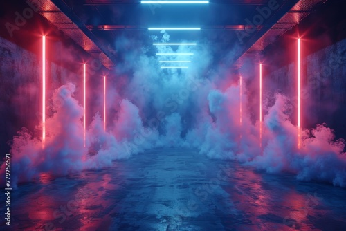 This image showcases a vibrant corridor filled with neon lights and billowing smoke, creating a futuristic atmosphere © Larisa AI