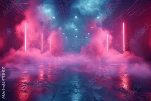 An image capturing a foggy passage with intense neon lighting and reflections on the wet surface