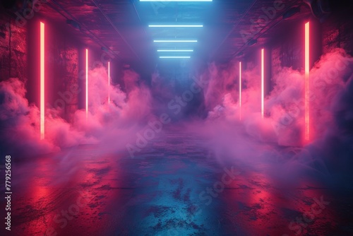 This image portrays a hallway awash with neon light and smoke, setting a striking sci-fi mood