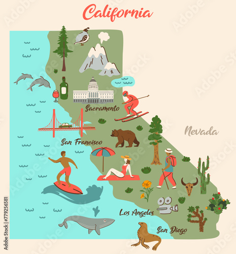 California map. Vector flat illustration for poster, card and decoration