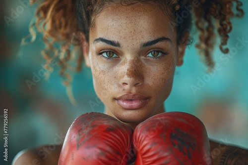 Focused young female boxer with red gloves poised for a fight, showcasing determination and strength