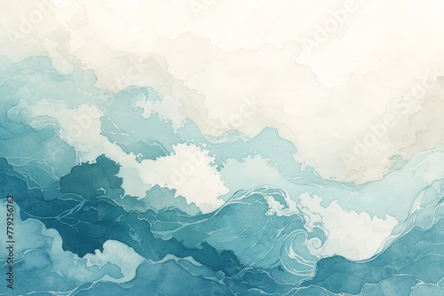 Abstract ocean waves, teal and blue watercolor background