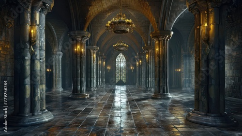 An atmospheric image of an empty medieval castle hall with ornate chandeliers, stone columns, and arched ceilings © Matthew
