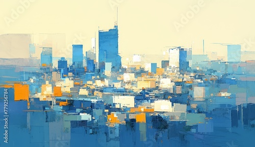 Abstract painting of cityscape with orange, blue and white colors