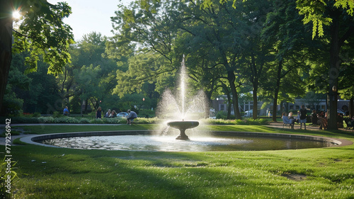A tranquil park with a sparkling fountain and people enjoying picnics.