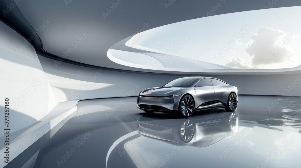 Naklejka premium The new energy vehicle is displayed in the center of an abstract background with circular curves and light reflection on its body