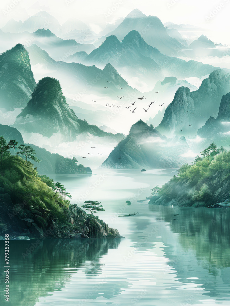  Light green mountains and water, hazy distant mountains.