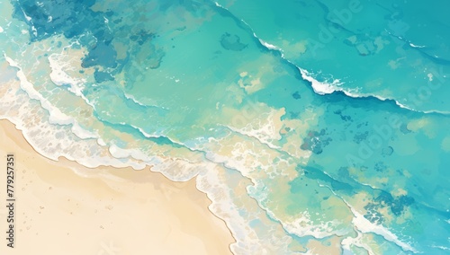 An aerial view of the ocean waves hitting sand  a top down view in a bird s eye perspective of a beach scene