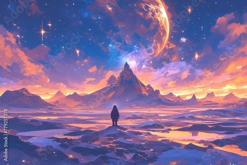 An astronaut standing on an alien planet, gazing at the horizon with Earth in view, surrounded by surreal and vibrant landscape