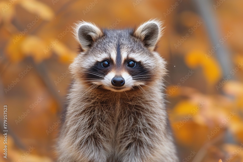 Captivating image highlighting an adorable raccoon against a blurred autumn leaf background, eyes glistening