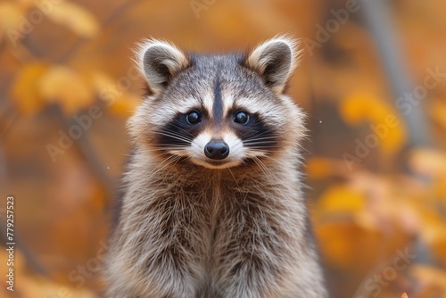 Captivating image highlighting an adorable raccoon against a blurred autumn leaf background, eyes glistening