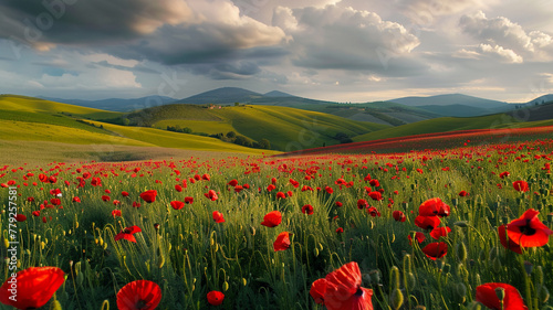 A vibrant field of poppies creating a burst of color in the countryside.